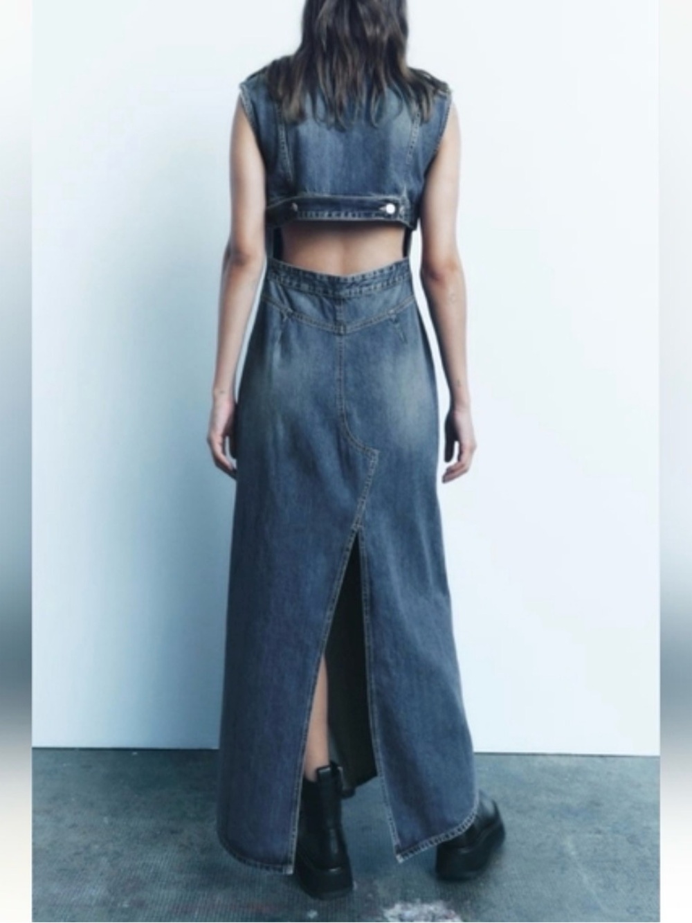 Zara Sleeveless Open Back Denim Maxi Dress - Washed Blue XS